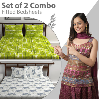 Green and Grey Floral Print Elastic Fitted Combo Bedsheet For Double Bed