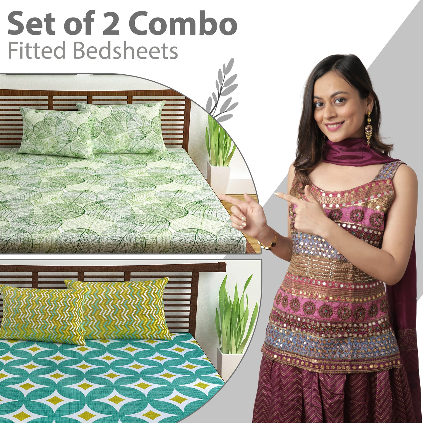 Green and Abstract Print Elastic Fitted Combo Bedsheet For Double Bed