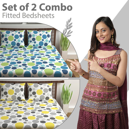 Blue and Yellow Polka Dots Elastic Fitted Combo Bedsheet For Double Bed