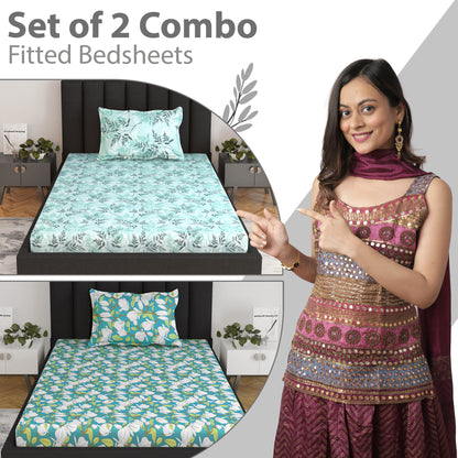 Green and Blue Floral Print Elastic Fitted Combo Bedsheet For Single Bed