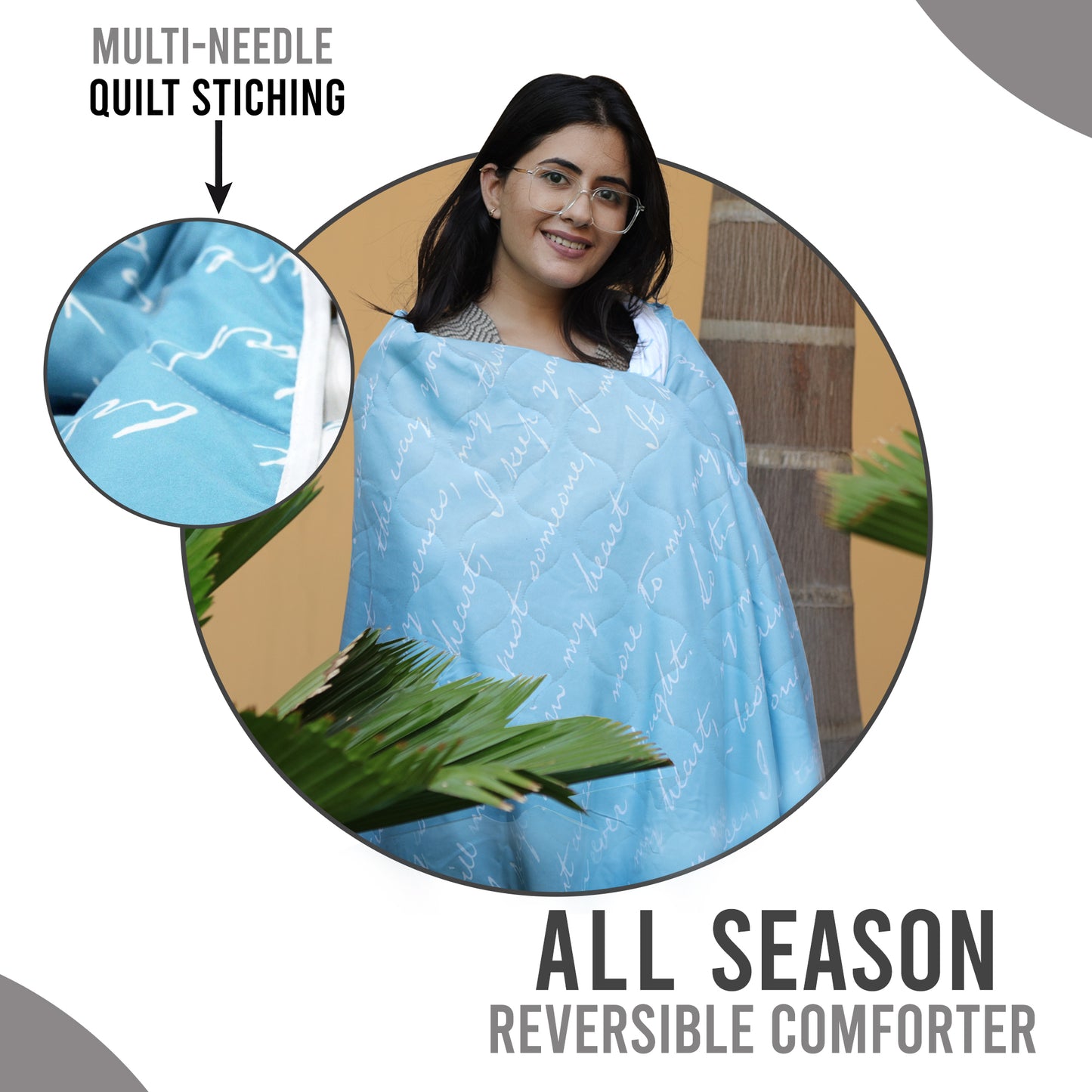 Blue Typography Letter Printed AC Quilt Comforter for Single Bed