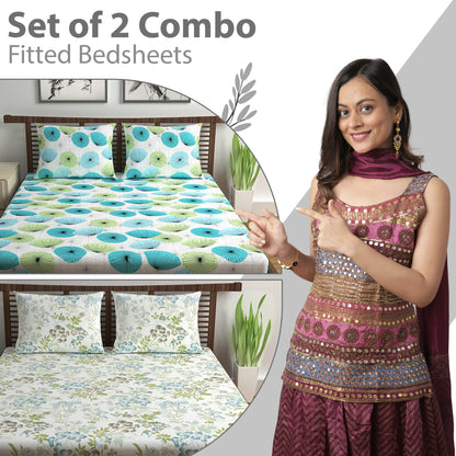 Aqua Green Floral Print Elastic Fitted Combo Bedsheet For Double Bed