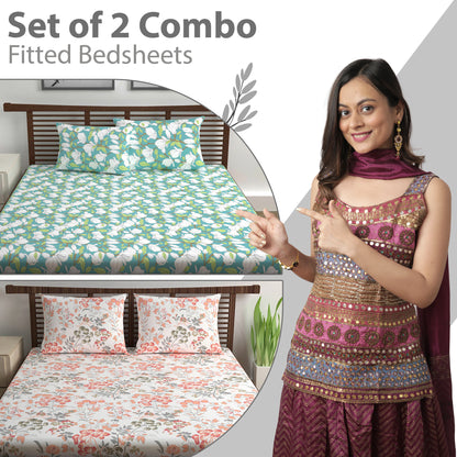 Green and Peach Floral Print Elastic Fitted Combo Bedsheet For Double Bed