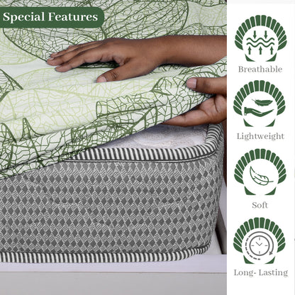 Sage Green Dry Leaves Pattern Elastic Fitted King Bedsheet
