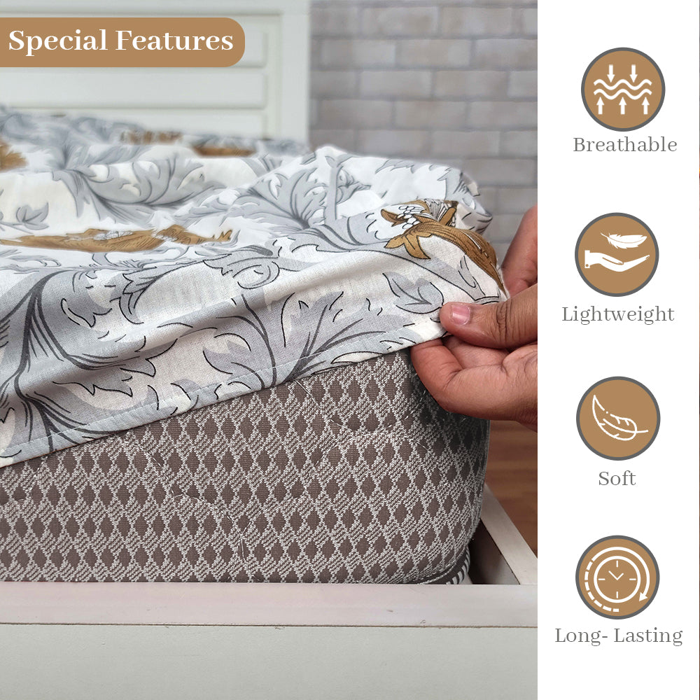 Tulip Floral Grey and Brown Elastic Fitted King Bed Bedsheet