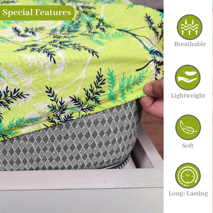 Lady Fern Floral Lime Green Elastic Fitted Bedsheet For Single Bed