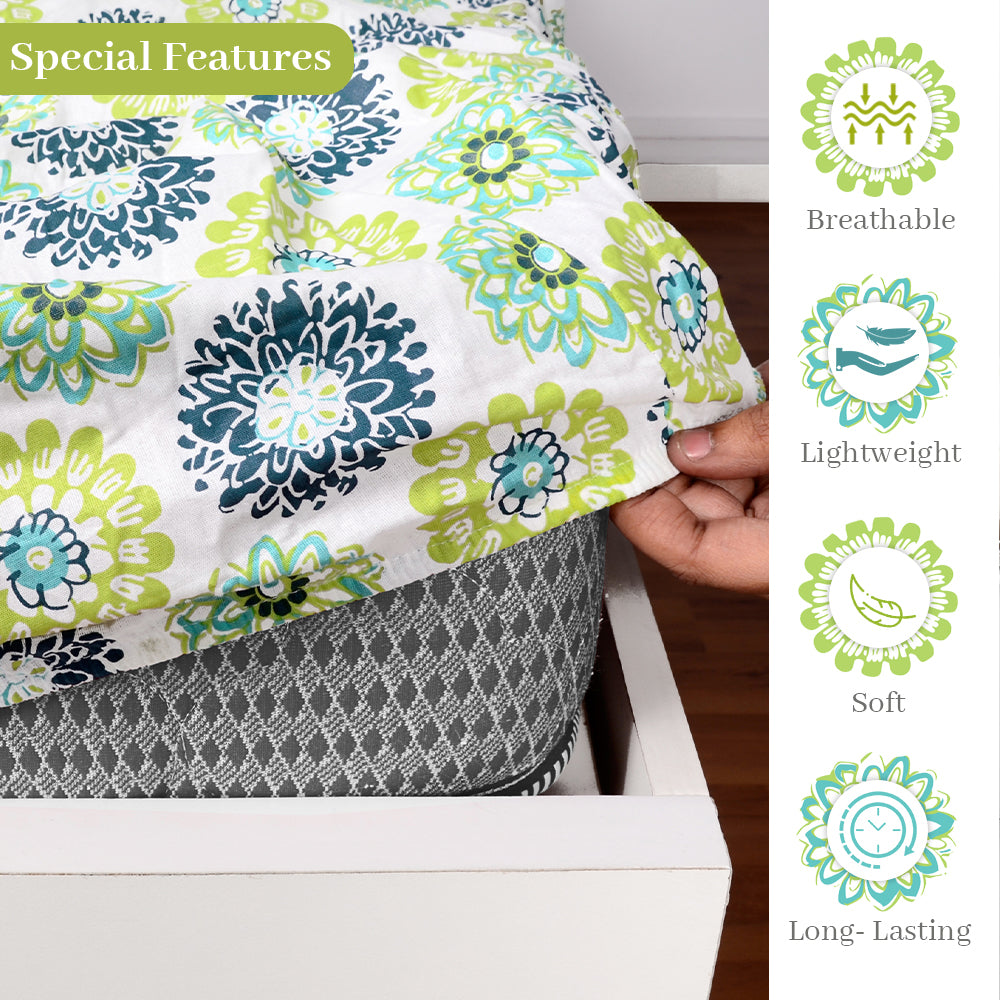 Green Blue Floral Printed Elastic Fitted Double Bed Bedsheet