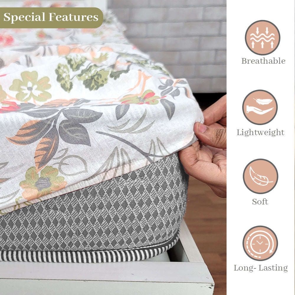 Vintage Floral Elastic Fitted Bedsheet For Double Bed - Peach