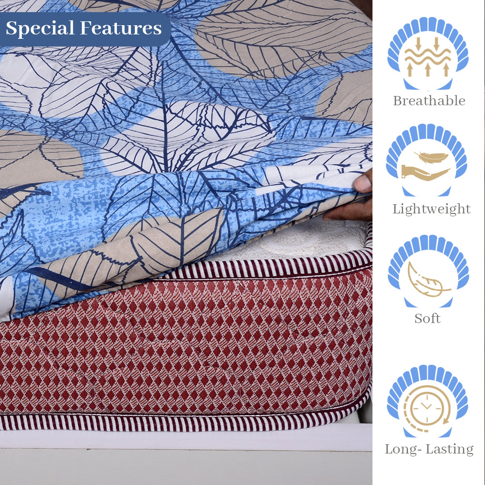 Blue & Beige Floral Elastic Fitted Bedsheet For Single Bed