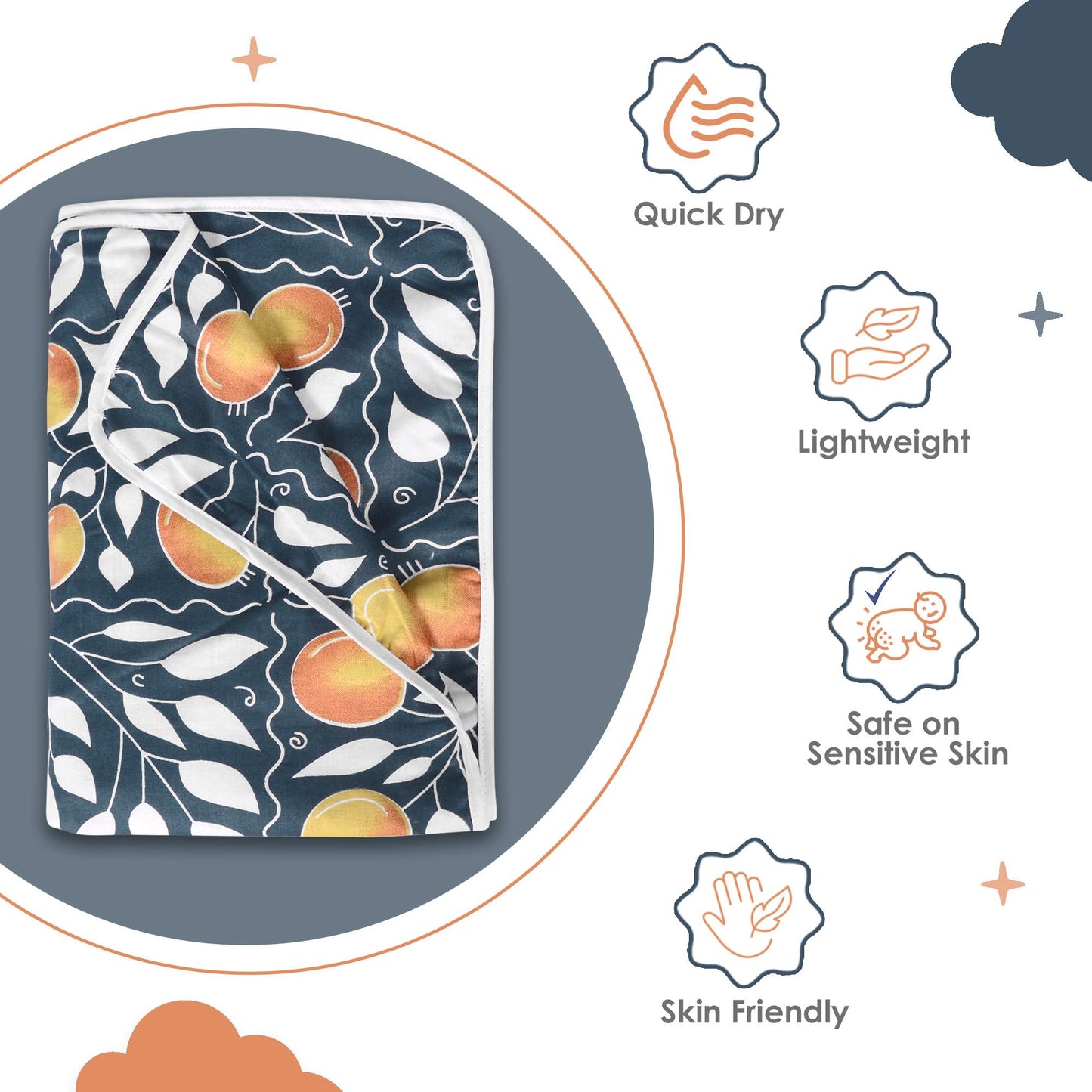 Navy & Orange Clementine Pattern Cotton Ultra soft Reversible Single Blanket for Babies