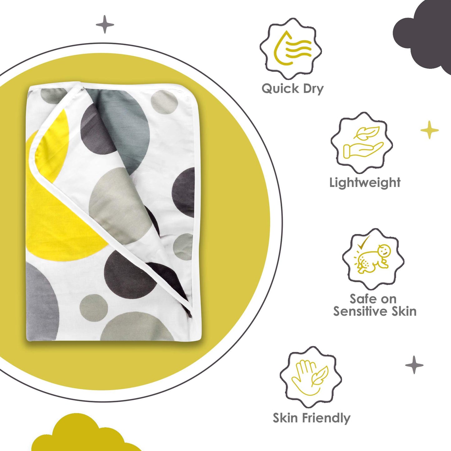 Yellow And Gray 144 TC 100% Cotton Polka Dotted Pattern Baby Single Bed AC Blanket Dohar for Kids