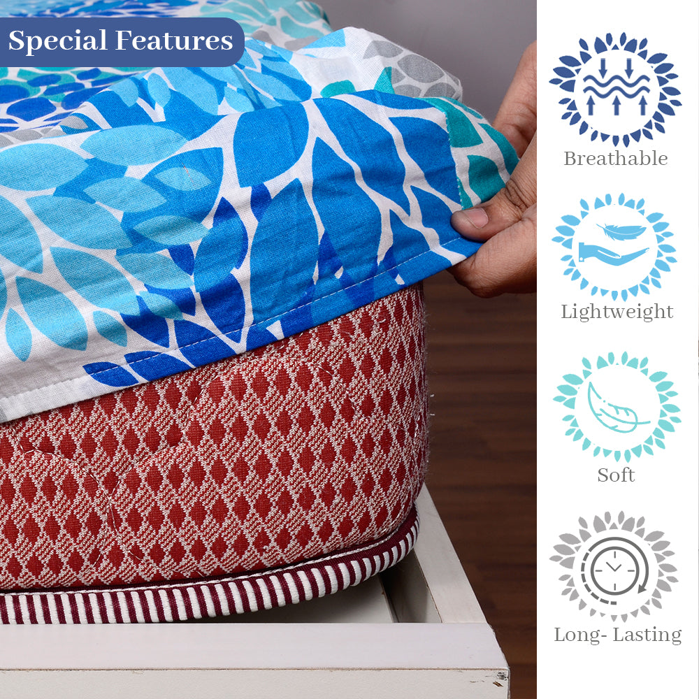 Silhouette Leaves Sky Blue and Grey Elastic Fitted Bedsheet for Double Bed