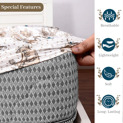 Beige and Grey Kalamkari Retro Print 144 TC Cotton Double Fitted Bedsheet