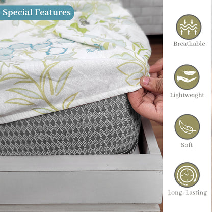 Vintage Floral 100% Cotton Elastic Fitted Bedsheet For Single Bed - Green