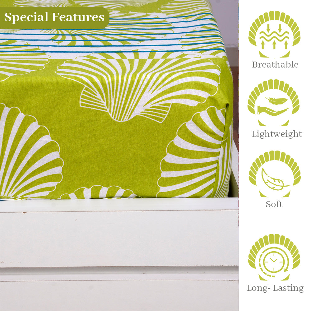 Neutral Floral Green Blue Elastic Fitted Bedsheet For Single Bed