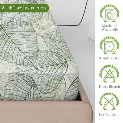 Sage Green Dry Leaves Pattern Elastic Fitted Bedsheet For Single Bed