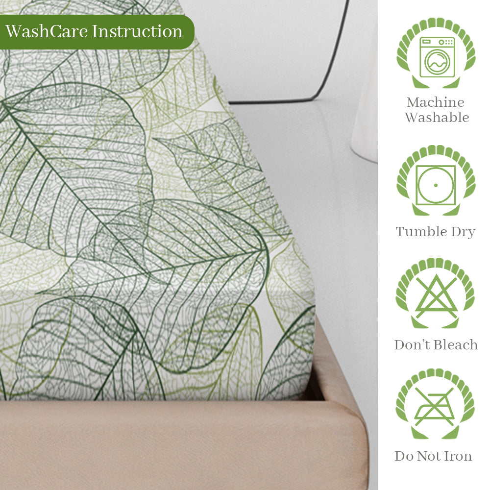 Sage Green Dry Leaves Pattern Elastic Fitted King Bedsheet