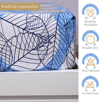 Blue & Beige Floral Elastic Fitted Double Bed Bedsheet