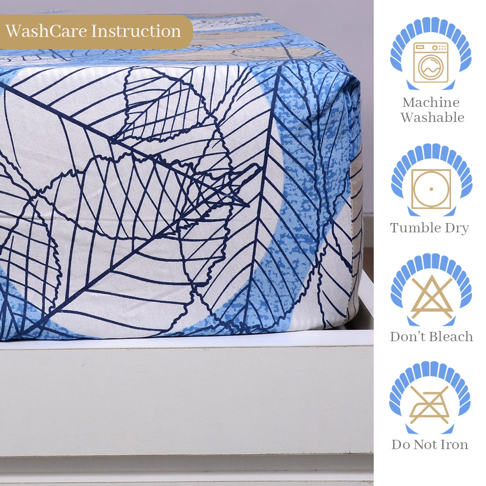 Blue & Beige Floral Elastic Fitted Bedsheet For Single Bed