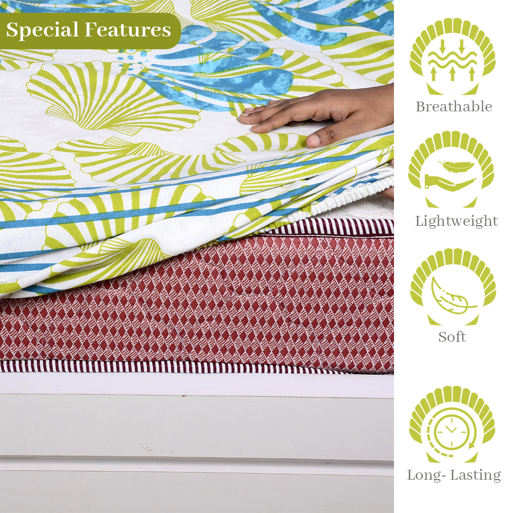 Neutral Floral Green Blue Elastic Fitted Bedsheet For Single Bed
