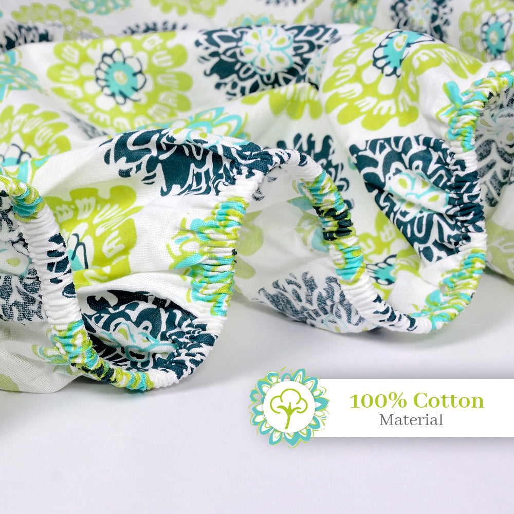 Green Blue Floral Printed Elastic Fitted Double Bed Bedsheet