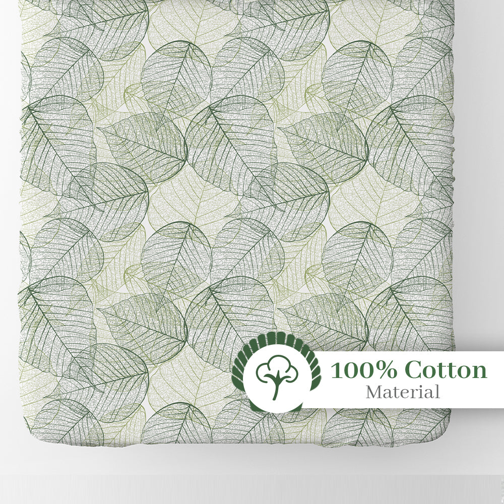 Sage Green Dry Leaves Pattern Elastic Fitted Bedsheet For Single Bed