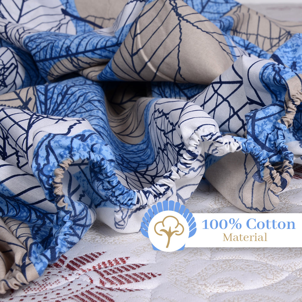 Blue & Beige Floral Elastic Fitted Bedsheet For Single Bed