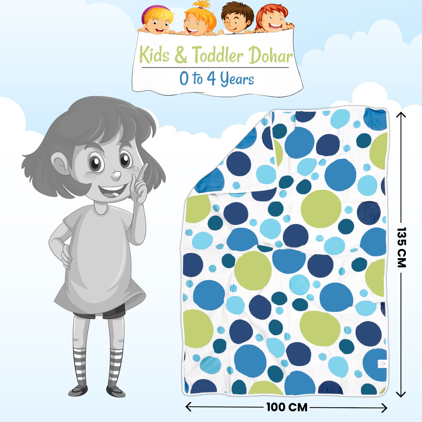 Blue And White 144 TC 100% Cotton Polka Dotted Pattern Baby Single Bed AC Blanket Dohar for Kids