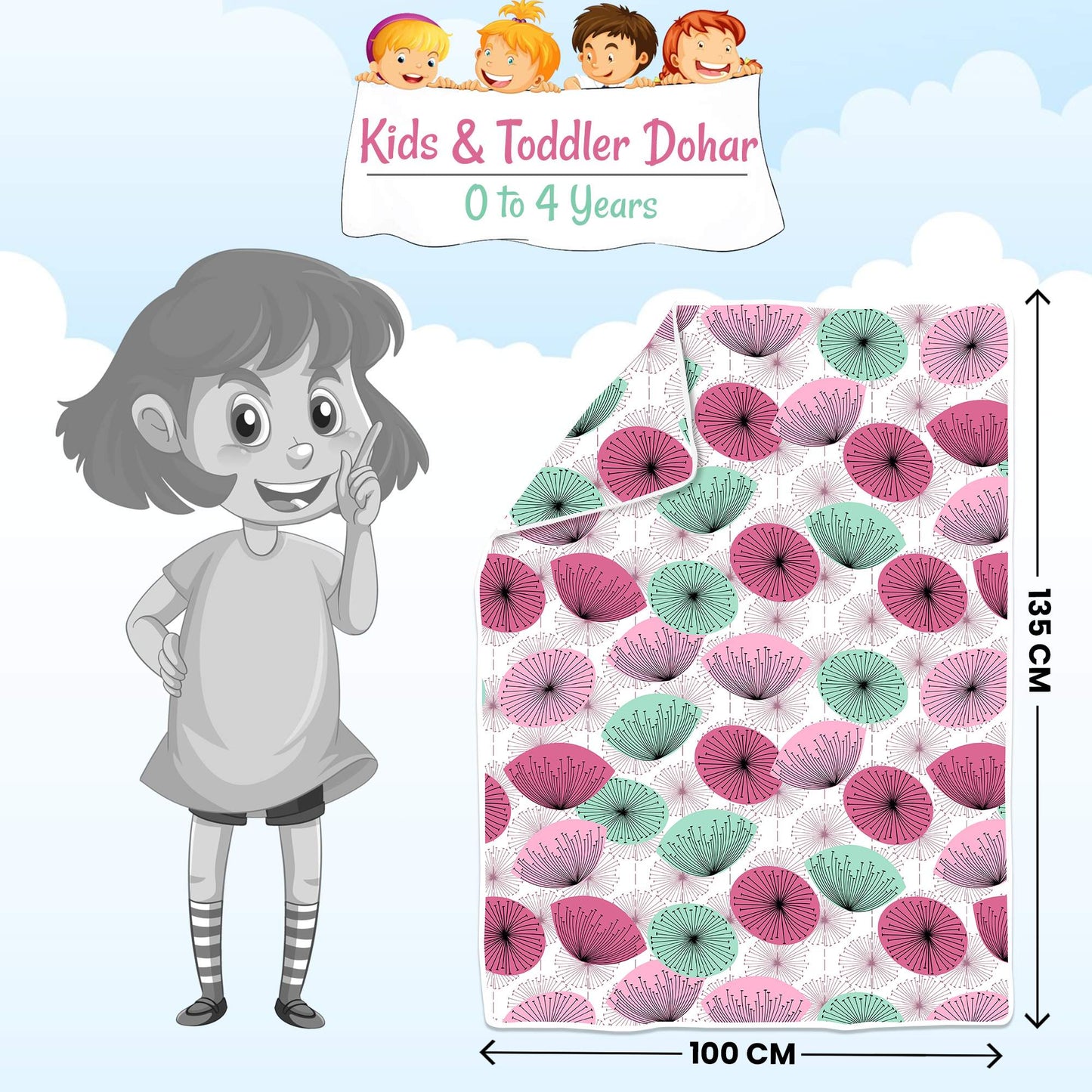 Dandelions Floral Print Pink Cotton 120 GSM Ultra soft Reversible Single Blanket for Babies