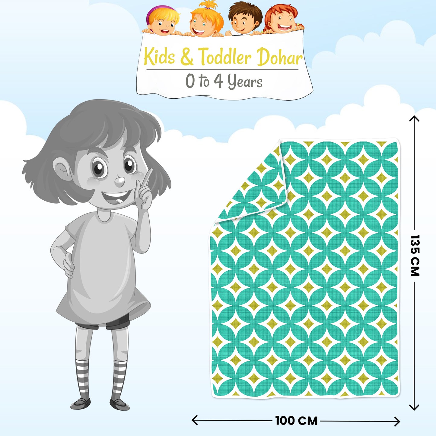 Green and White Cotton 120 GSM Ultrasoft Reversible Single Baby Blanket for Babies