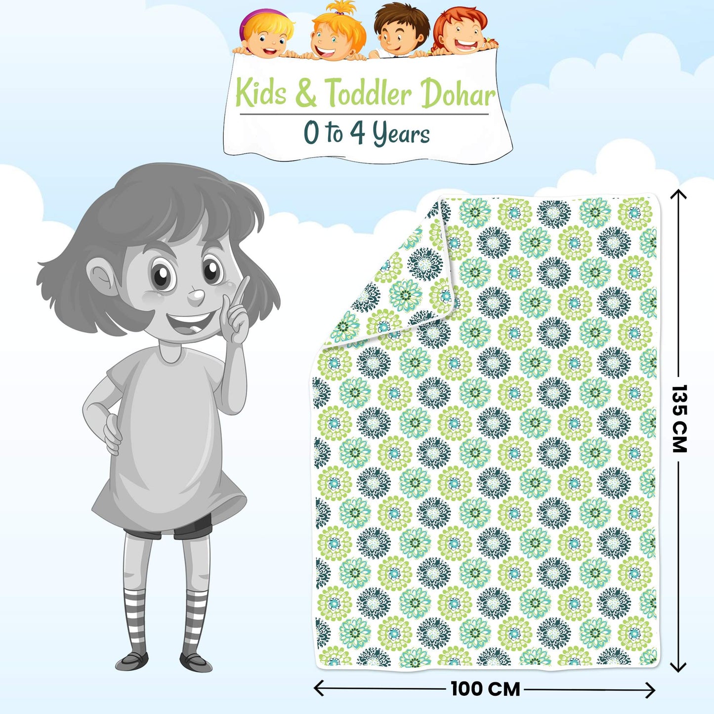 Green and White Pure Cotton Baby Blanket for Newborns 0-3 Years Soft Cozy Dohar for Toddlers, Girls, Boys, and Babies