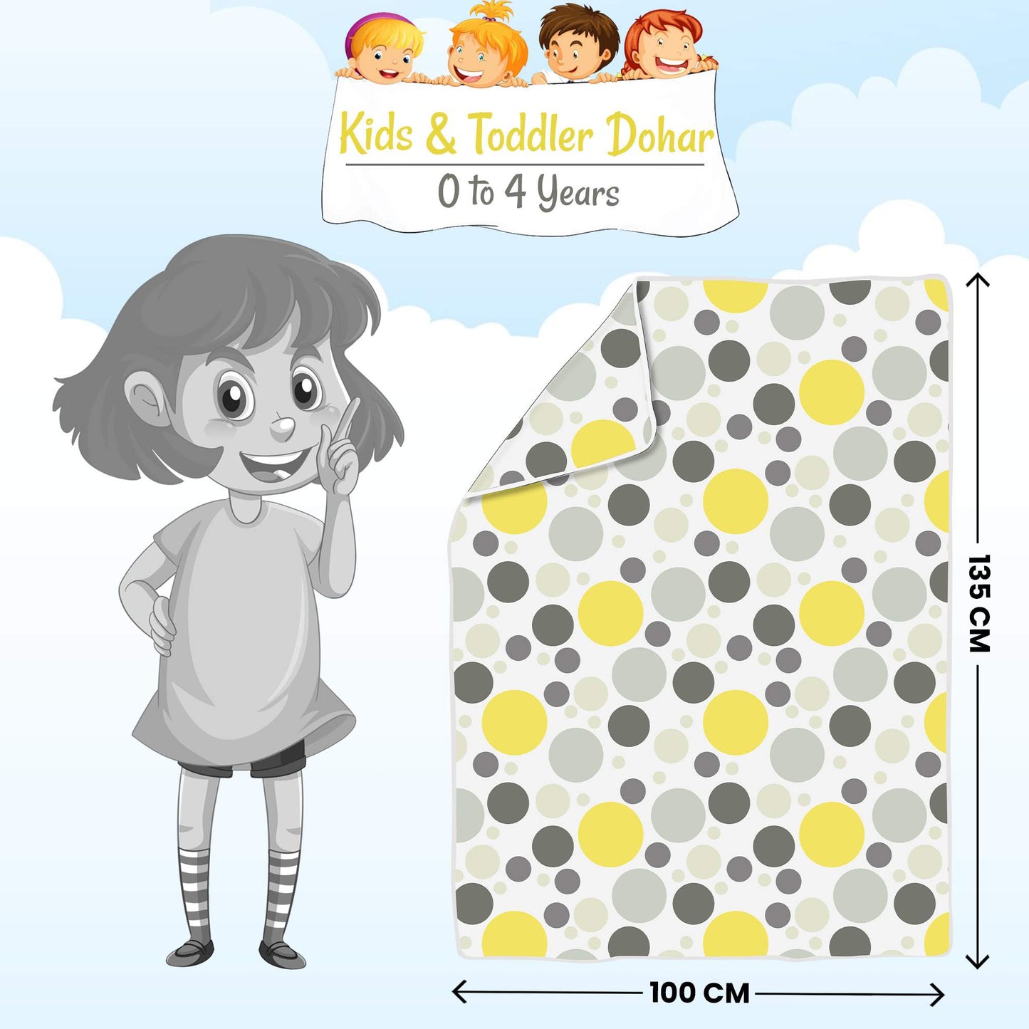 Yellow And Gray 144 TC 100% Cotton Polka Dotted Pattern Baby Single Bed AC Blanket Dohar for Kids