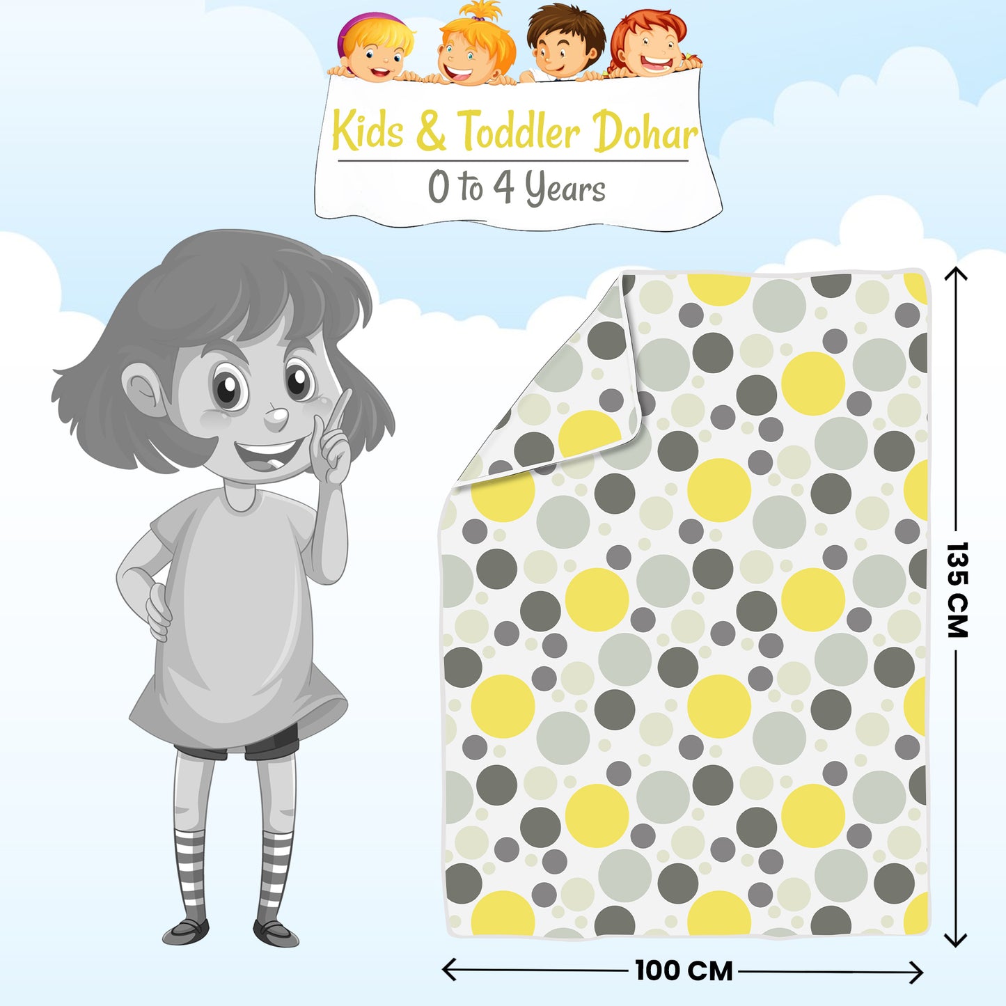 Yellow And Gray 144 TC 100% Cotton Polka Dotted Pattern Baby Single Bed AC Blanket Dohar for Kids