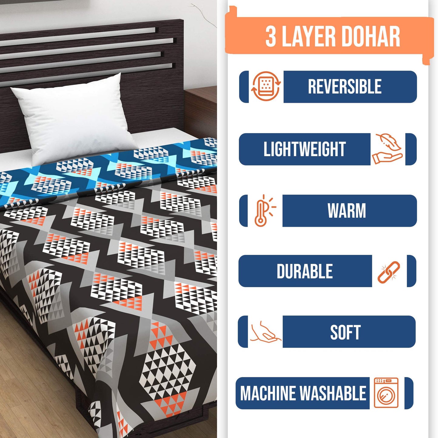 Blue & Grey Geometric Single Kids Bed Dohar - 120 GSM Microfiber