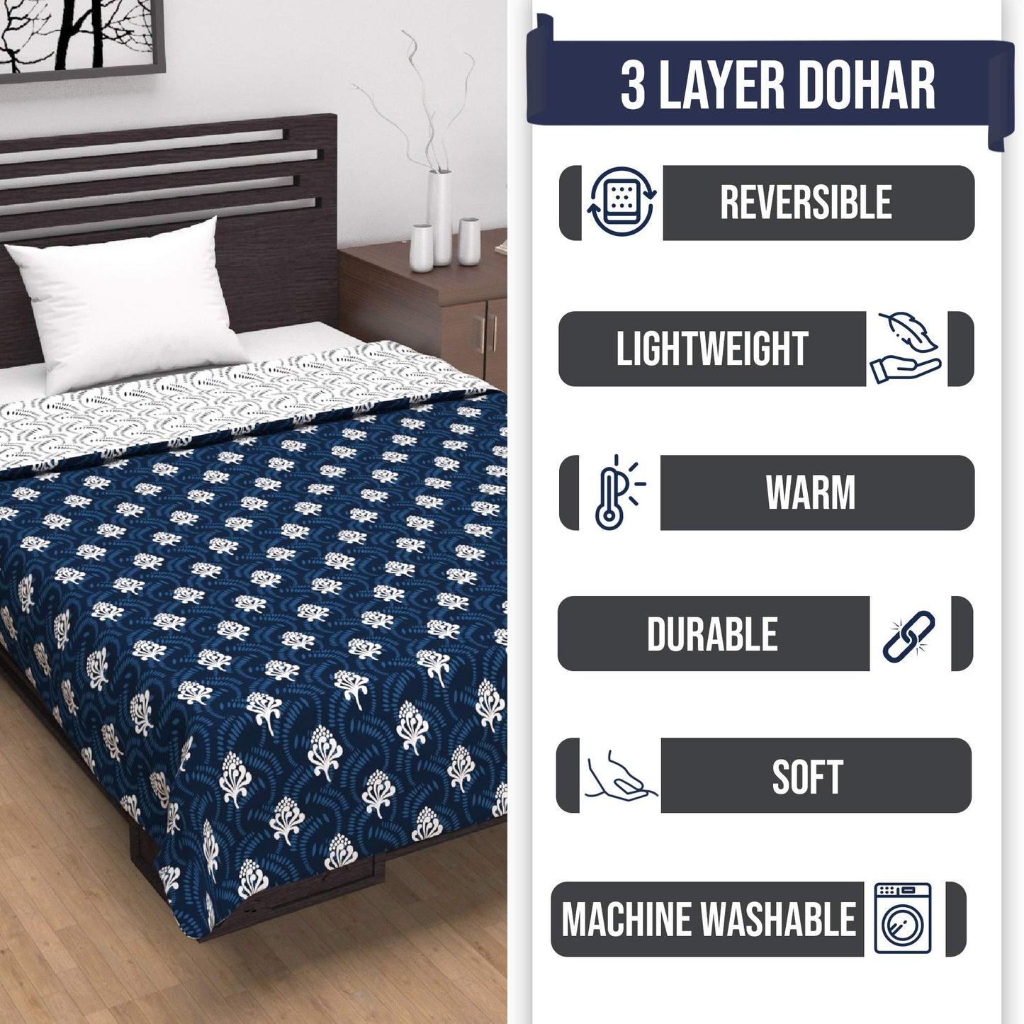 Block Printed Reversible Double Bed AC Dohar - Navy Blue