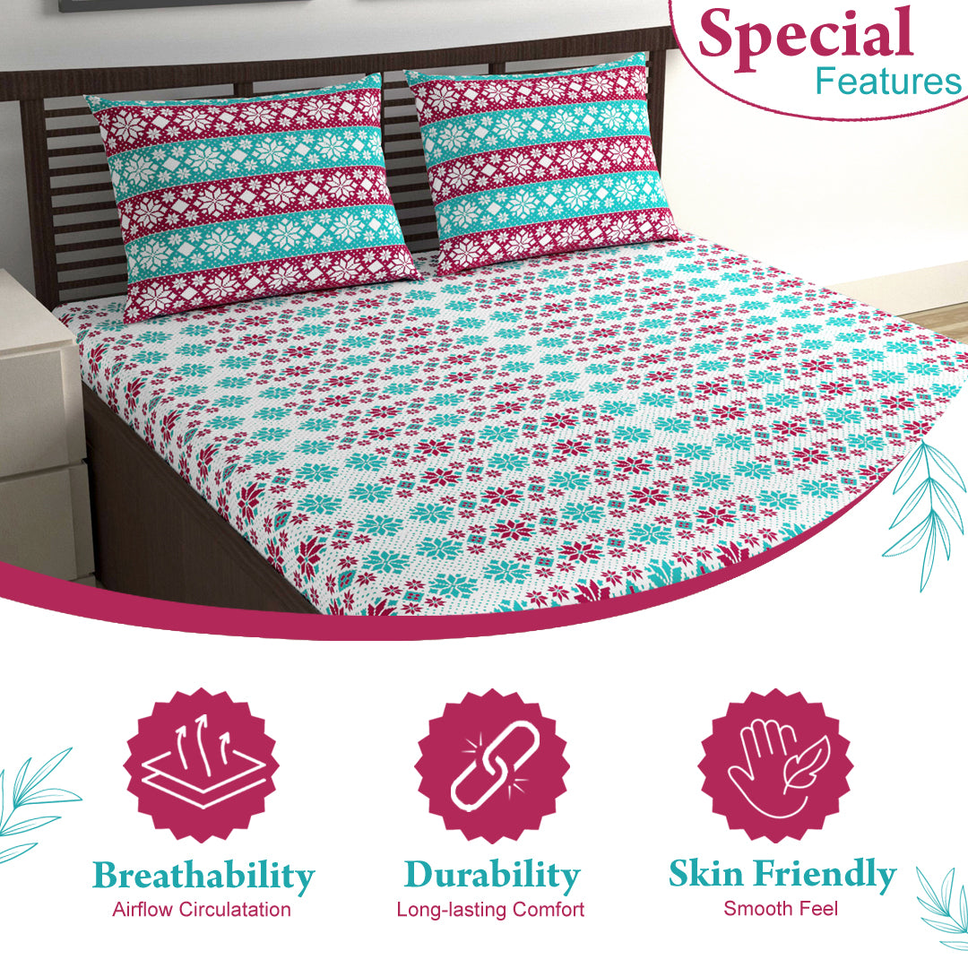 Aqua Scarlet Floral 144 TC Polycotton Double Bedsheet With 2 Pillowcovers
