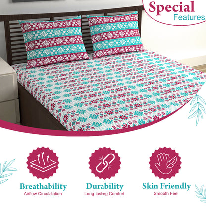 Aqua Scarlet Floral 144 TC Polycotton Double Bedsheet With 2 Pillowcovers