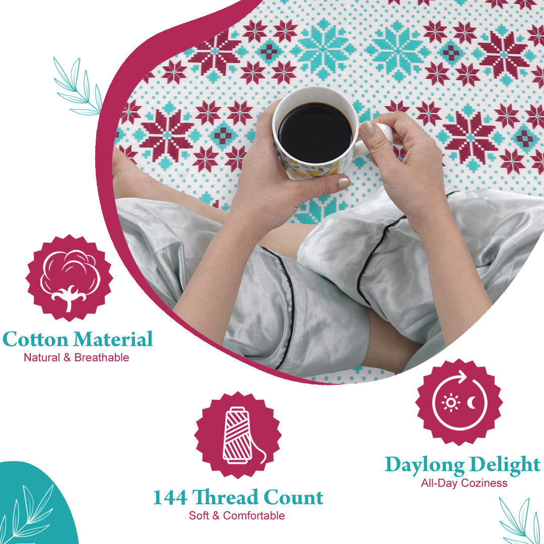 Aqua Scarlet Floral 144 TC Polycotton Double Bedsheet With 2 Pillowcovers