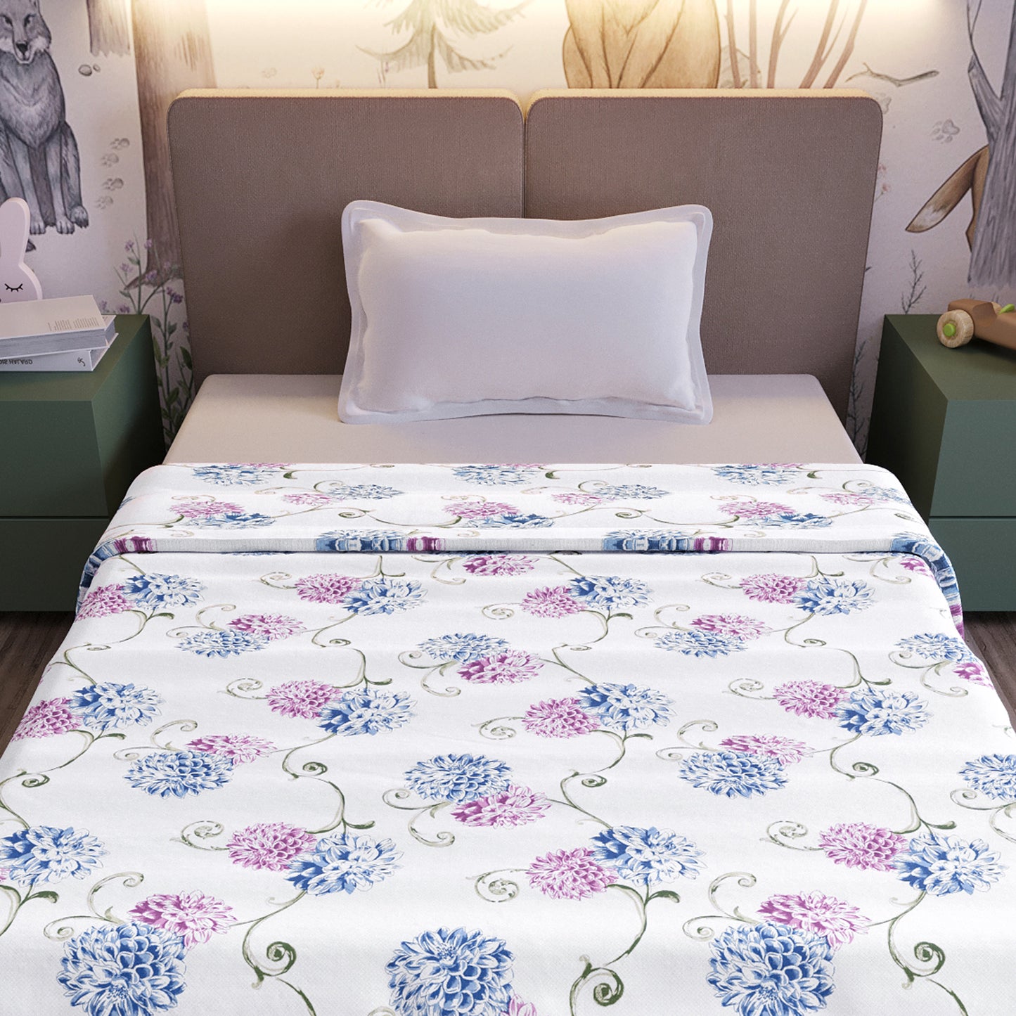 Blue Pink Floral Pure Cotton Lightweight Dohar For Kids