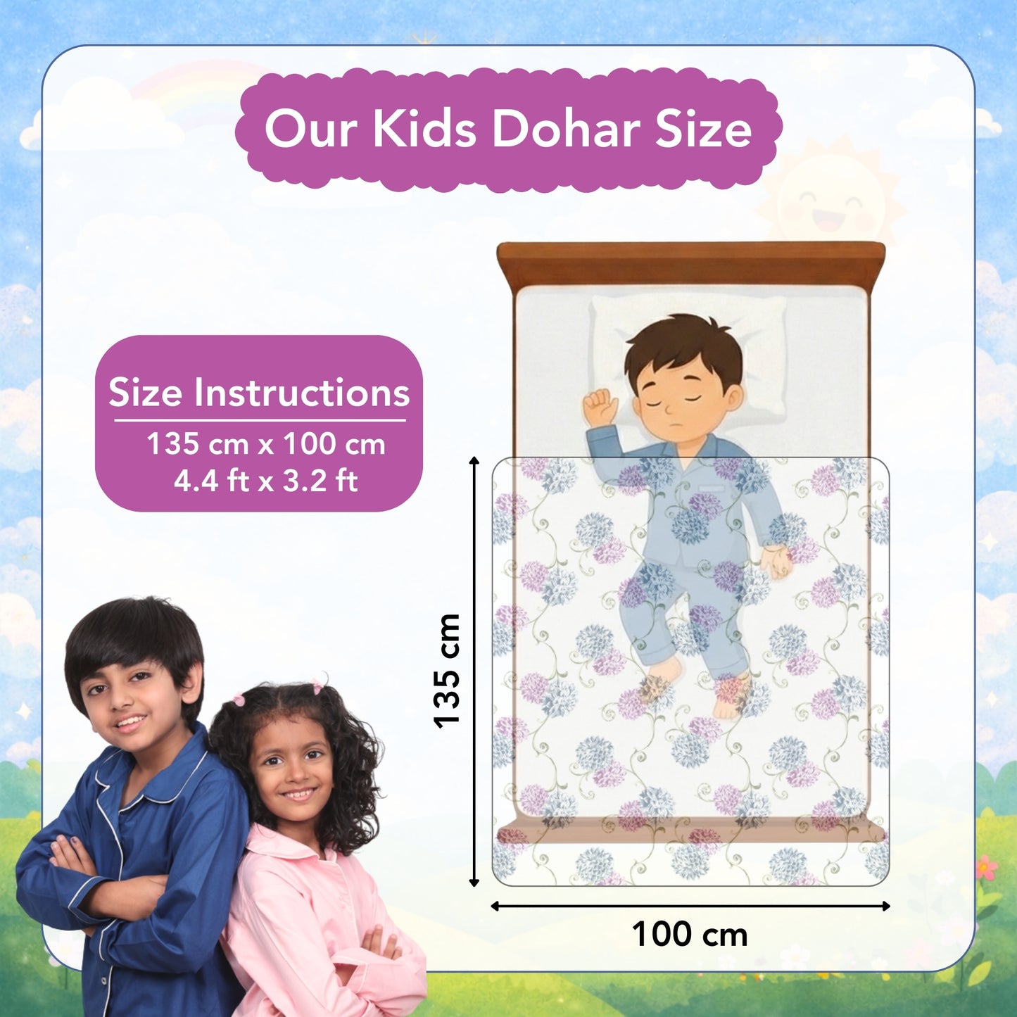 Blue Pink Floral Pure Cotton Lightweight Dohar For Kids