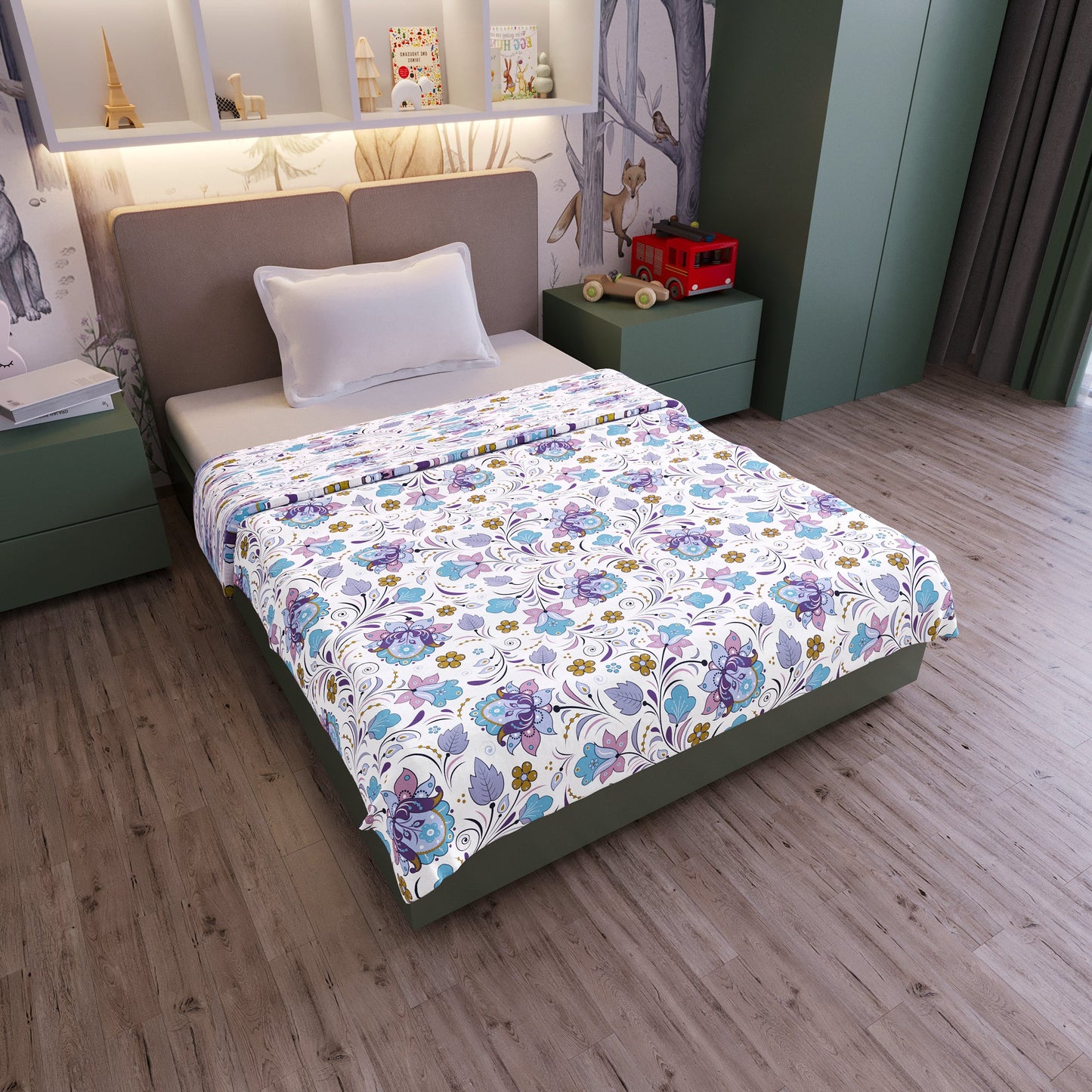 Purple Blue Floral Pure Cotton Lightweight Dohar For Kids