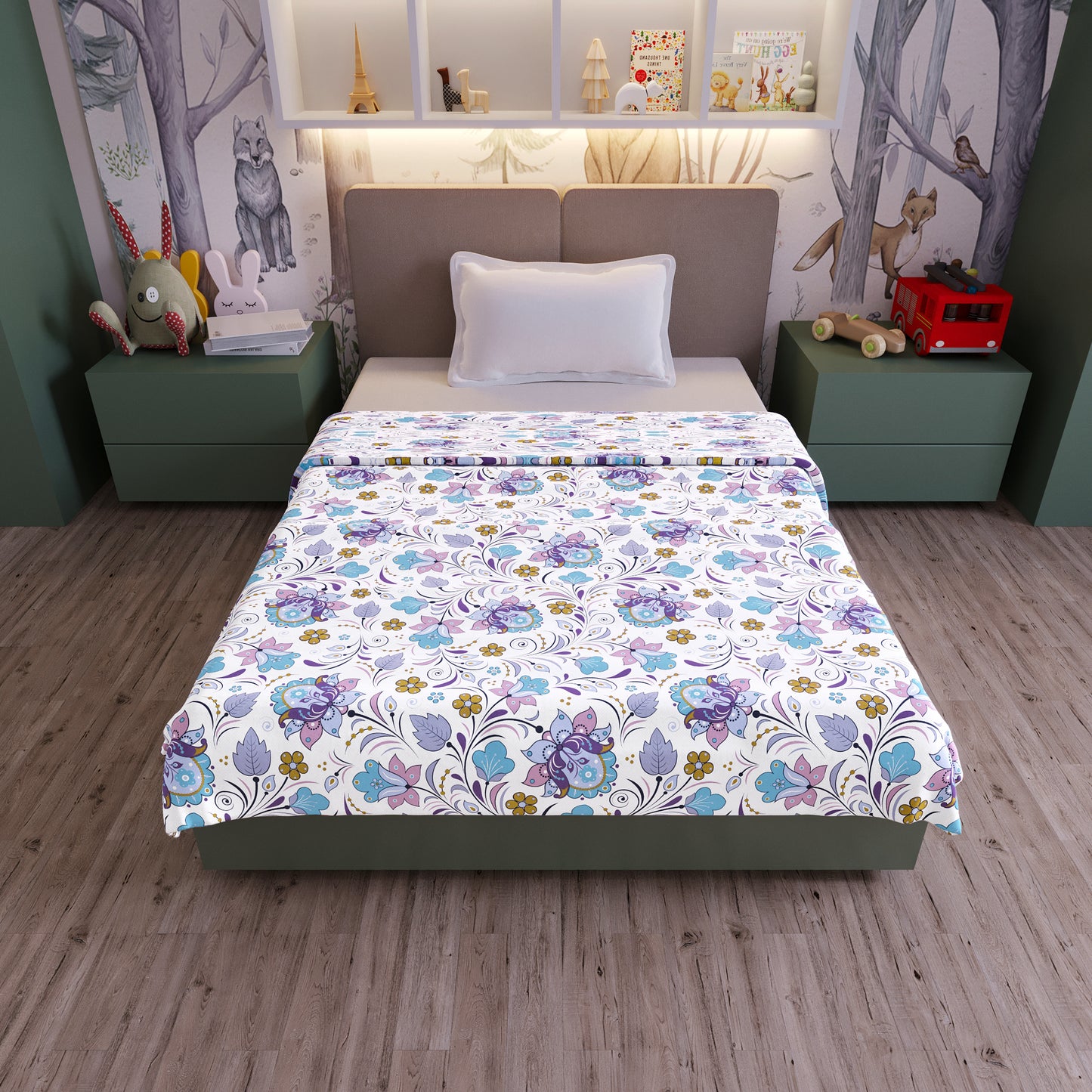 Purple Blue Floral Pure Cotton Lightweight Dohar For Kids