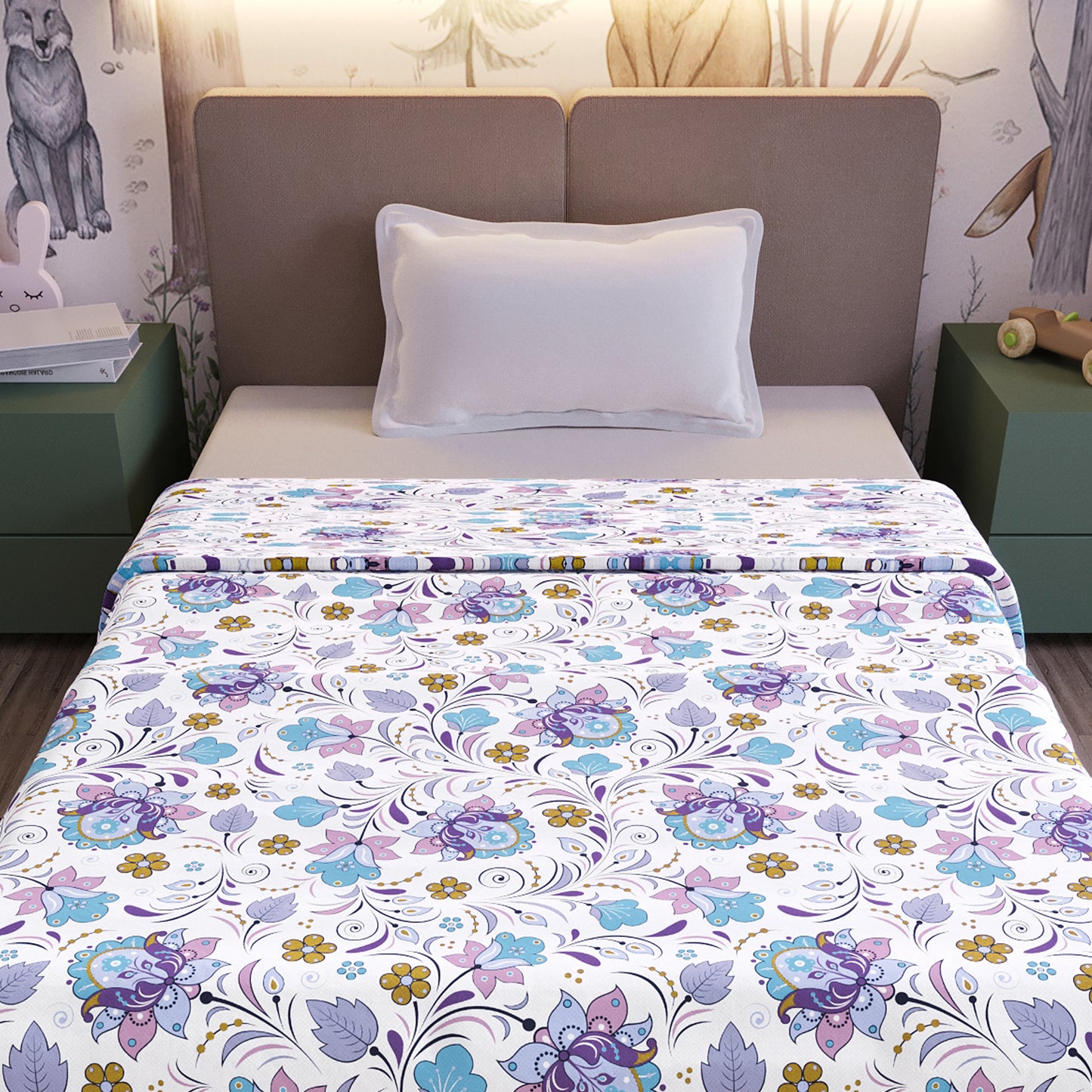 Purple Blue Floral Pure Cotton Lightweight Dohar For Kids