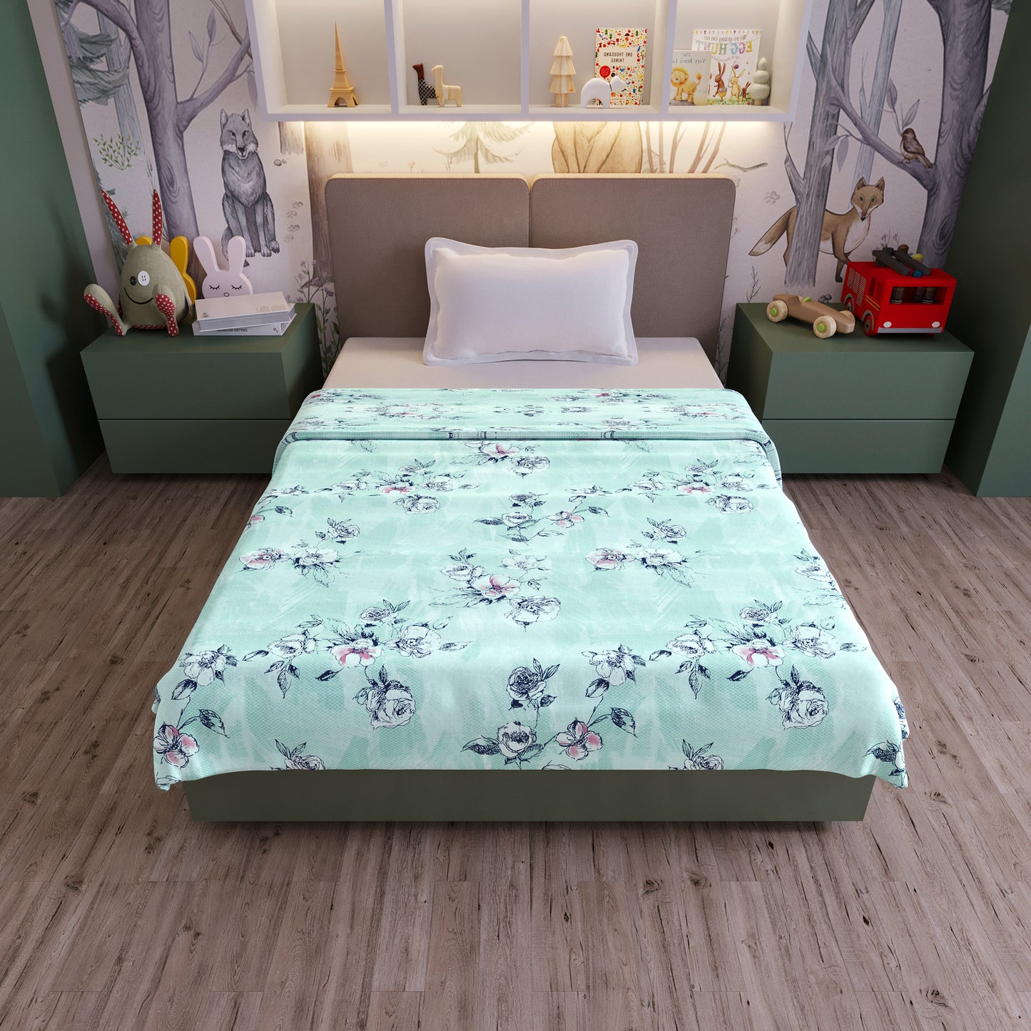 Mint Green Floral Pure Cotton Lightweight Dohar For Kids