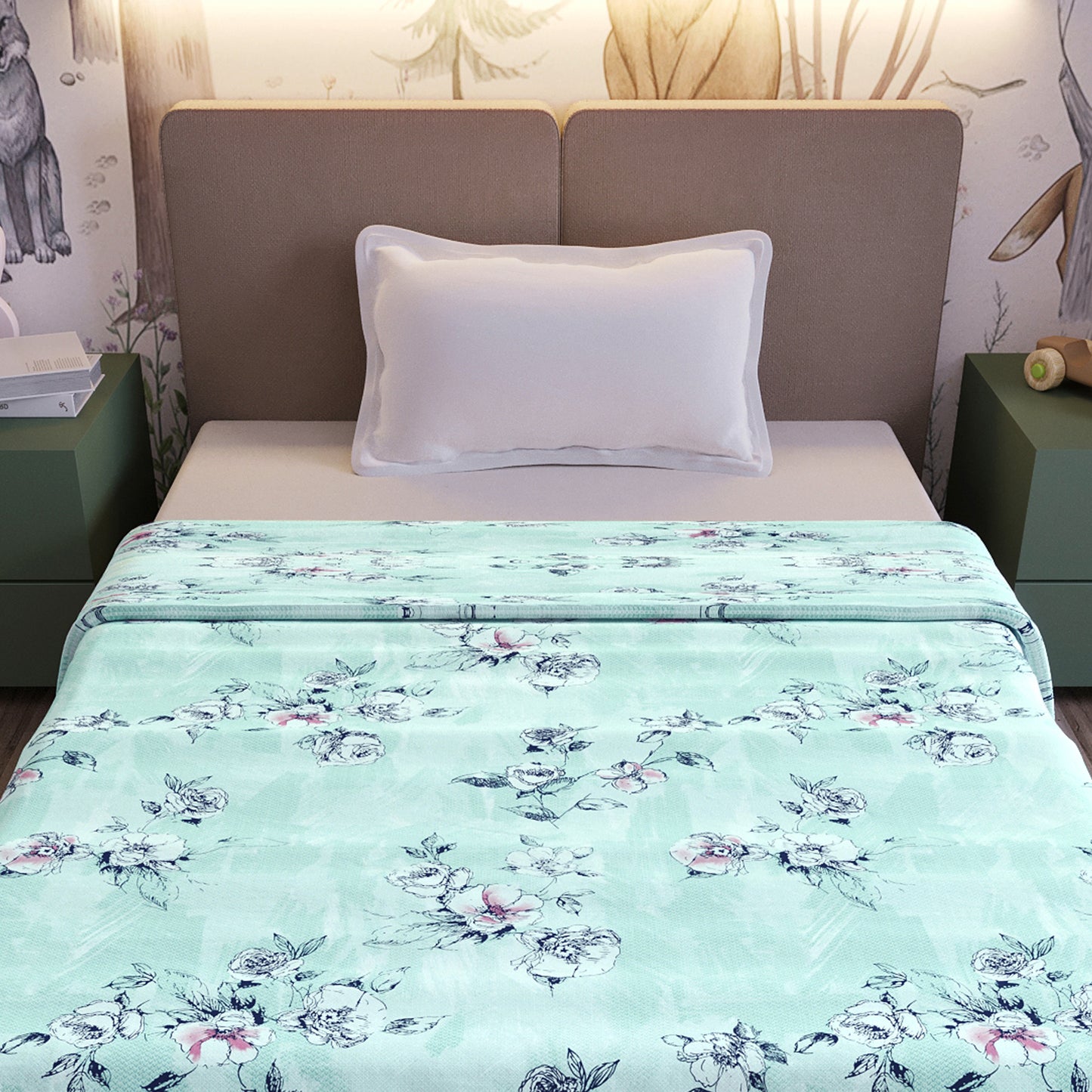 Mint Green Floral Pure Cotton Lightweight Dohar For Kids