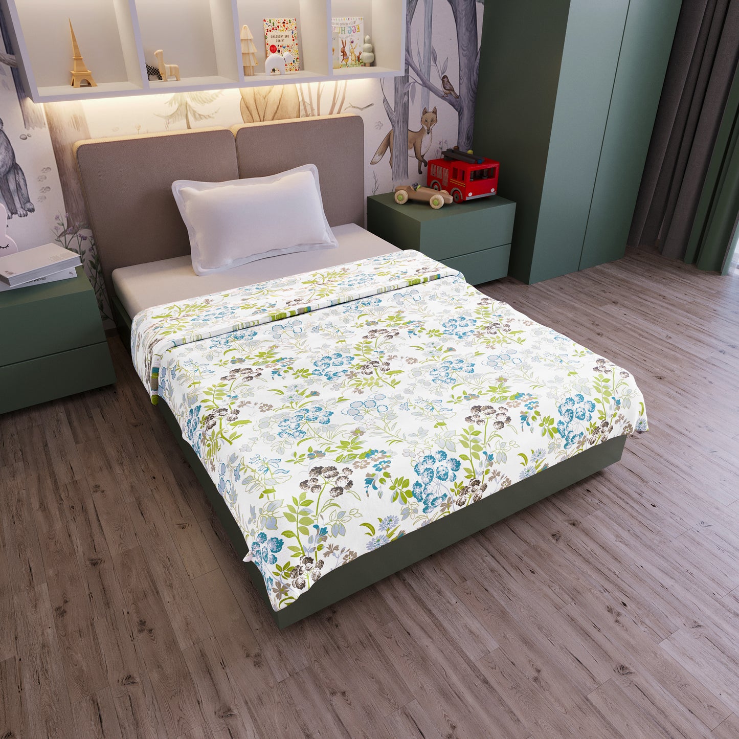 White And Green 144 TC 100% Cotton Floral Pattern Baby Single Bed AC Blanket Dohar for Kids