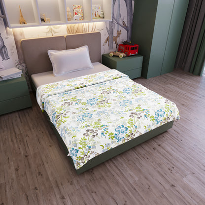 White And Green 144 TC 100% Cotton Floral Pattern Baby Single Bed AC Blanket Dohar for Kids