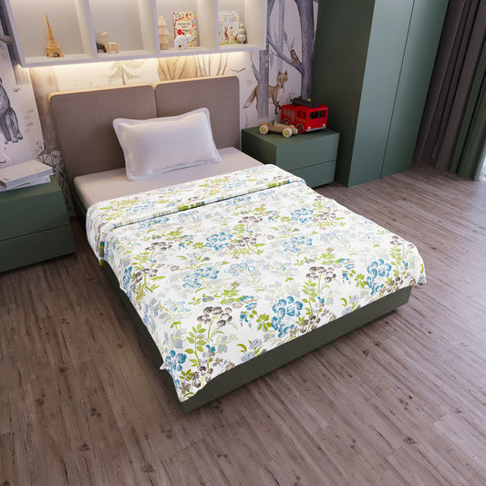 White And Green 144 TC 100% Cotton Floral Pattern Baby Single Bed AC Blanket Dohar for Kids