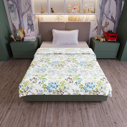 White And Green 144 TC 100% Cotton Floral Pattern Baby Single Bed AC Blanket Dohar for Kids