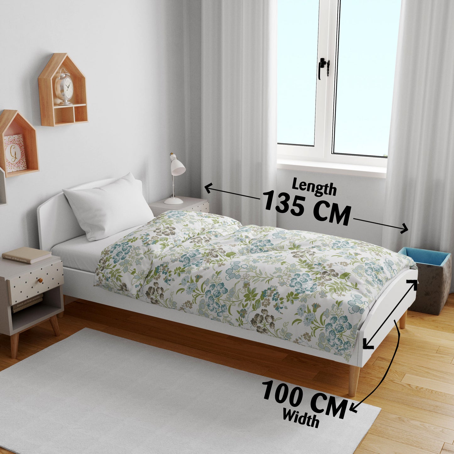 White And Green 144 TC 100% Cotton Floral Pattern Baby Single Bed AC Blanket Dohar for Kids